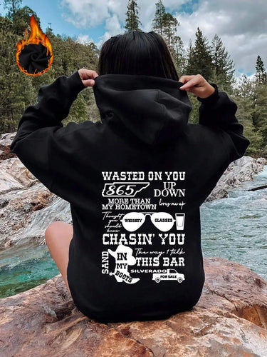 New versatile black letter print solid color women's hooded sports shirt street outdoor casual loose and breathable pullover14